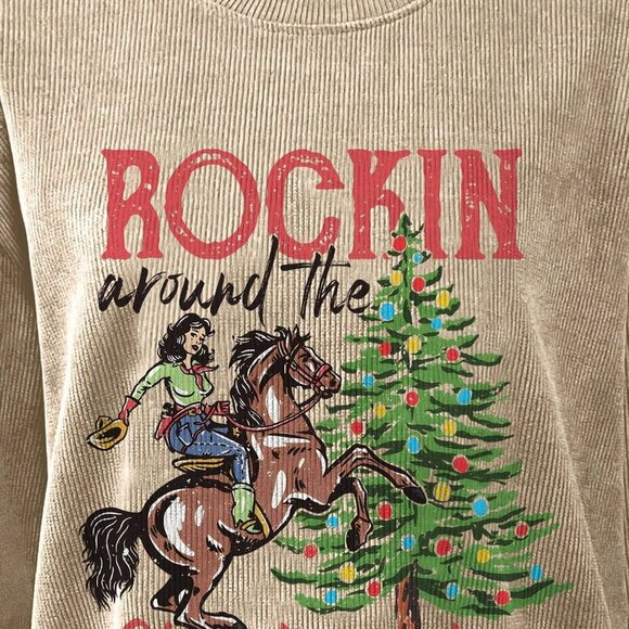 Khaki Casual Women's Christmas Pattern Print Crew Neck Sweatshirt - Picture 4 of 5